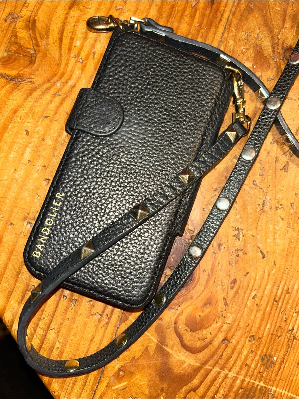 BANDOLIER  Black Pebbled Leather Crossbody Phone Case w/Gold Studded long strap